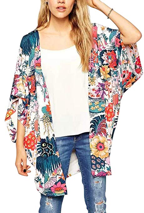 Hibluco Women's Sheer Chiffon Floral Kimono Cardigan Long Blouse Loose Tops Outwear