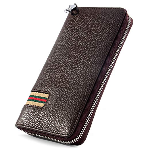 Mens Long Wallet, Minimalist Zipper Leather Long Wallet - 11 Credit Card Slots