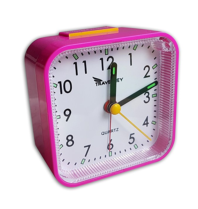 Analog Travel Alarm Clock, No Ticking, Alarm, Snooze, Light, Pink