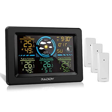 Raddy WF-60C 12-IN-1 Wetterstation Funk mit 3 Außensensoren für den Aussen und Innen, Thermometer, Luftfeuchtigkeitsmesser, Barometer, DCF-Funkuhr, Digitalem Farbdisplay