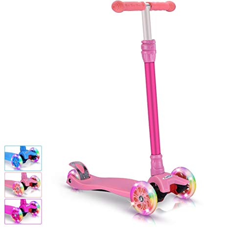 BELEEV Kick Scooter for Kids 3 Wheel Scooter, 4 Adjustable Height, Lean to Steer with LED Light Up Wheels for Children from 3 to 13 Years Old