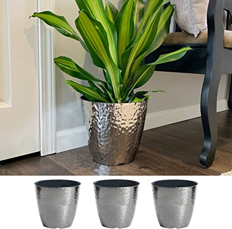 3-Pack 10-in. Round Metallic Hammered Plastic Flower Pot Garden Potted Planter for Indoors or Outdoors, Silver
