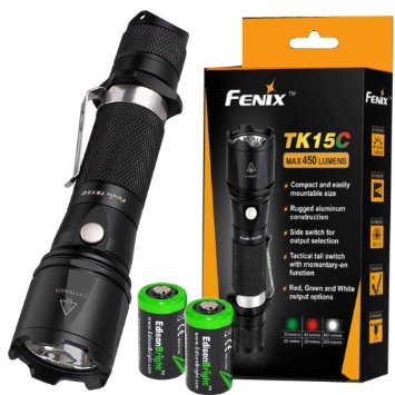 Fenix TK15C 450 Lumen Multi-Color (White/Red/Green) LED Tactical/hunting Flashlight with Two EdisonBright CR123A batteries bundle