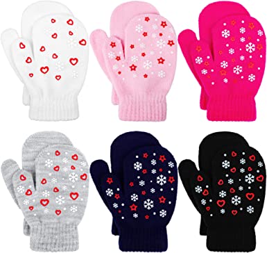 Cooraby 6 Pairs Toddler Magic Mittens Gloves Winter Kids Mittens Unisex Baby Warm Knitted Stretch Gloves