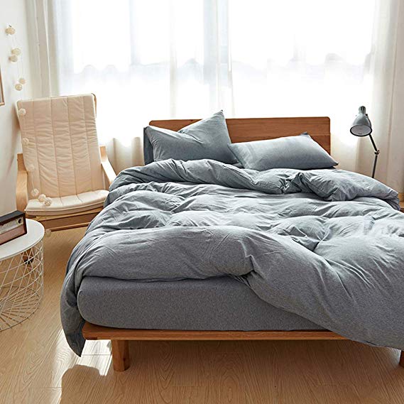 DOUH 3-Piece Duvet Cover Twin,Twin XL Jersey Knit Cotton Duvet Cover,Ultra Soft and Easy Care,Solid Pattern Blue Grey Bedding Set