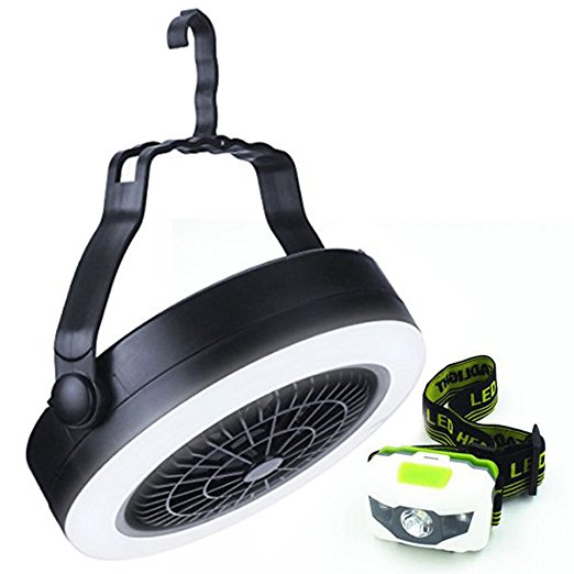 LED Camping Light and Fan and LED Headlamp Flashlight - Tent Fans Camping Must Have, Bright LED Light Modern Light and Compact, Headlamp Flashlight For Camping with Bright White and Red Flashing LED's
