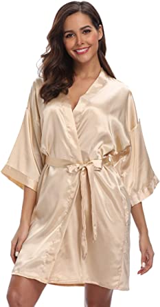 season dressing Women Satin Plain Short Kimono Bridesmaid Bathrobe Wedding Party Robe