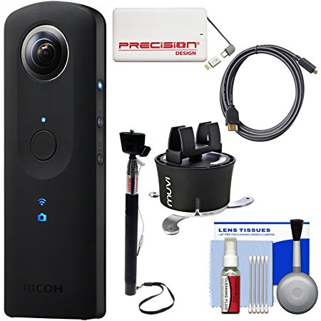 Ricoh Theta S 360-Degree Spherical Digital Camera (Black) with 360 Time Lapse   Power Pack   Selfie Stick   HDMI Cable   Kit