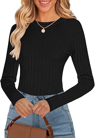 MEROKEETY Women's 2024 Long Sleeve Pullover Sweater Crew Neck Ribbed Slim Fitted Fall Knit Jumper Top