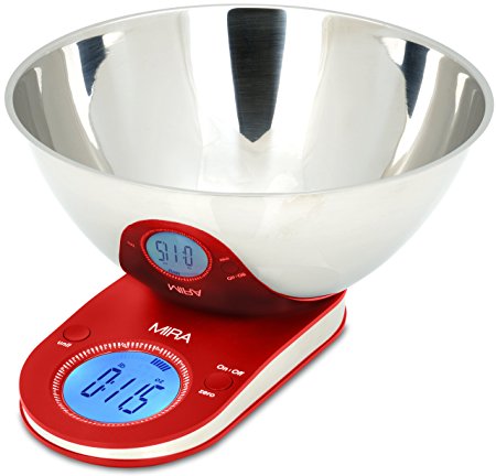 MIRA Bakers Digital Kitchen Scale with removable stainless steel bowl, Red