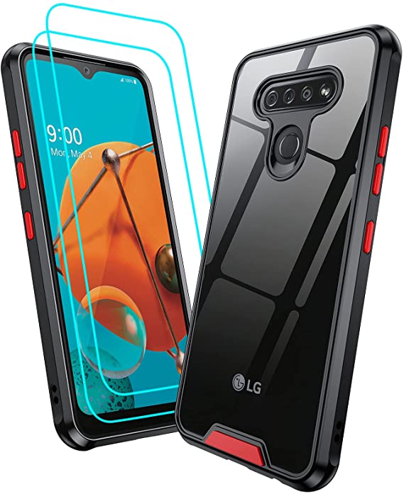 LeYi Compatible with LG K51 Phone Case, LG K51 Case with 2 Tempered Glass Screen Protector, Shockproof Bumper [Unique Buttons] Clear Back Slim Protective Phone Case for LG K51, Black