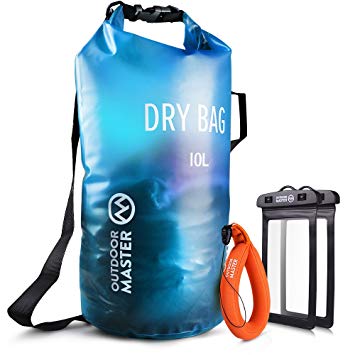 OutdoorMaster Dry Bag - 5L/10L/20L Waterproof, Lightweight Dry Sack for the Beach, Boating, Fishing, Kayaking, Rafting - Comes with 2 Free Waterproof Cell Phone Case with Floating Strap