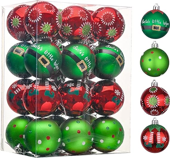 Valery Madelyn Ornaments for Christmas Trees, 24ct Elf Red Green White Shatterproof Christmas Tree Decorations Set, 2.36 Inch Decorative Hanging Ball Ornaments Bulk for Xmas Holiday Party Indoor Decor
