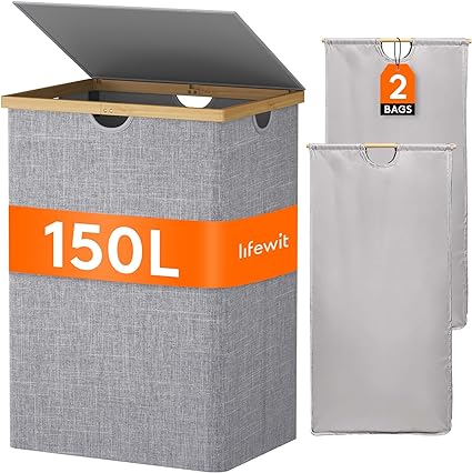 Lifewit 150L Double Laundry Hamper with Lid, Extra Large Bamboo Laundry Basket Dirty Clothes Hamper, 2 Section Laundry Bin Organizer for Laundry Room Bedroom with 2 Removable Liners and Bags, Gray