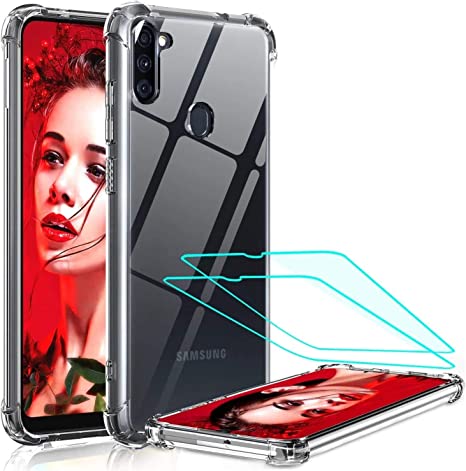 LeYi for Samsung Galaxy A11 Case with Tempered Glass Screen Protector(2 Pack), Crystal Clear [Military Grade] Thin Air Cushion Full Body Shockproof Silicone Hard PC Phone Cover for Samsung A11