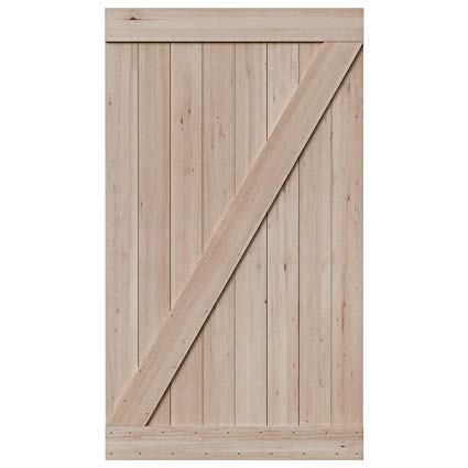 SmartStandard 48in x 84in Sliding Barn Wood Door Pre-Drilled Ready to Assemble, DIY Unfinished Solid Hemlock Wood Panelled Slab, Interior Single Door, Natural, Frameless Z-Shape (Fit 8FT Rail)