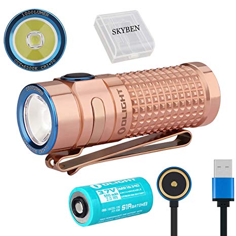 Olight S1R II 1000 Lumens Raw Copper XM-L2 Cool White 6500K Rechargeable EDC Flashlight-Limited Edition IMR16340 Powered Side-Switch EDC Flashlight with Battery and SKYBEN Battery Case (Eternal)