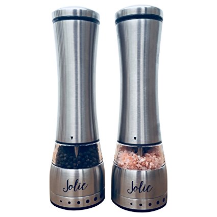 Jolie Electric Salt and Pepper Grinder Set-2 Piece Set-Quality Stainless Steel Battery Operated Ceramic Mill with LED Light- Adjustable Coarseness-Ergonomic Design-Large Capacity-Easy to Use