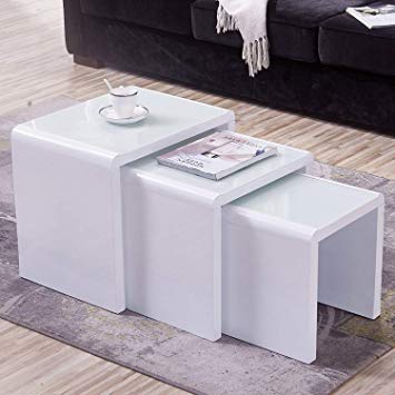 mecor White Nest of 3 Tables High Gloss Nesting Tables Wood Coffee Table Multi-functional Side Table Living Room End Table (White & Glass Top)