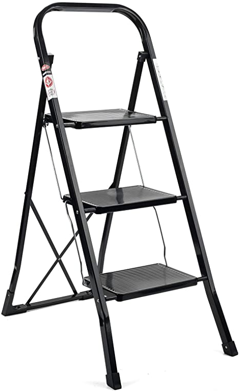 Delxo 3 Step Ladder Folding Step Stool Ladder with Handgrip Anti-Slip Sturdy and Wide Pedal Multi-Use for Household and Office Portable Step Stool Steel 330lbs Black (3 feet)