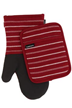 Cuisinart Kitchen Oven Mitt/Glove & Rectangle Potholder with Pocket Set w/Neoprene for Easy Gripping, Heat Resistant up to 500 Degrees F, Twill Stripe- Red Dahlia