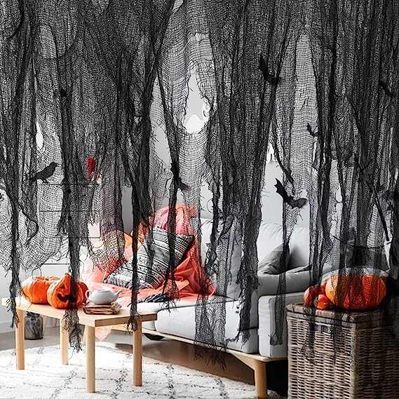 Watayo 196x39 Inch Halloween Spooky Cloth-Large Black Scary Creepy Gauze-Windows Entryways Cover Gauze for Halloween Party Outdoor Home Wall Decor Supplies