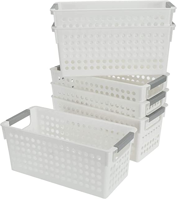 Bekith 6 Pack Plastic Storage Basket, Slim White Organizer Tote Bin Shelf Baskets for Closet Organization, De-Clutter, Accessories, Toys, Cleaning Products