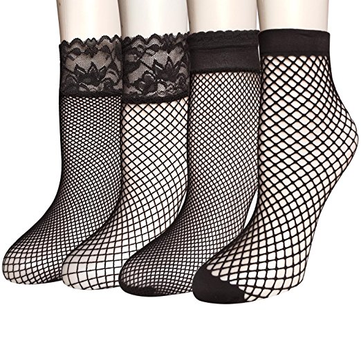 4 Pairs Women's Lace Fishnet Sheer Ankle Dress Socks - Stylish Black