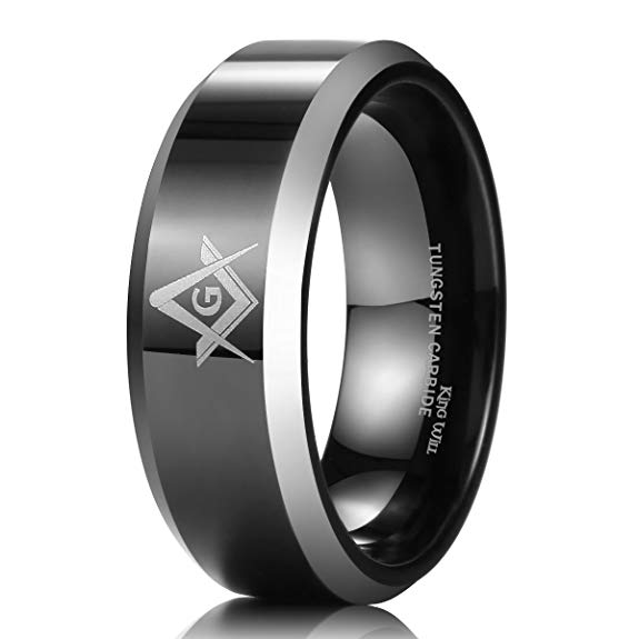 King Will Classic 8mm Black Men's Tungsten Carbide Ring Polished Masonic Compass Square Free Mason