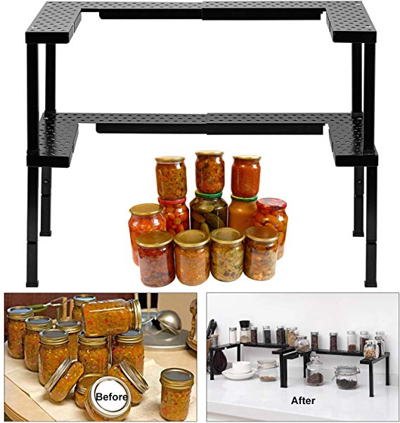 Expandable and Stackable Spice Rack Organizer for Cabinet & Pantry, Nandae 2 Tier Adjustable Height Spicy Shelf, Stable Priumum Iron (Black)