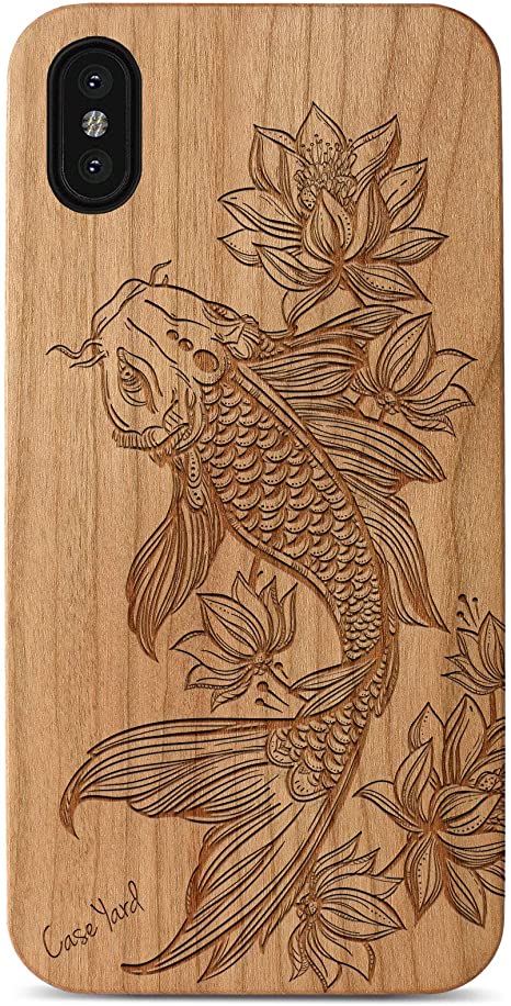 Case Yard Wooden Case Compatible with iPhone 8/7/SE Soft TPU Silicone, Slim Fit Shockproof Wood Protective Phone Cover for Girls Boys Men and Women, Supports Wireless Charging Floral Koi Fish Cherry
