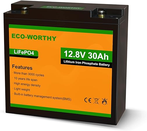 ECO-WORTHY 30Ah 12.8V Lithium Battery LiFePO4 Lithium Iron Phosphate Rechargeable with 3000  Deep Cycles and BMS Protection Perfect for Shed/Boat/Lawn Mower/Ride on Car/Trolling Motor