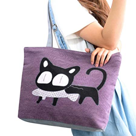 Meiyiu Women Girls Casual Satchel Cute Cat Patttern Handbag Single Shoulder Canvas Bag Purple