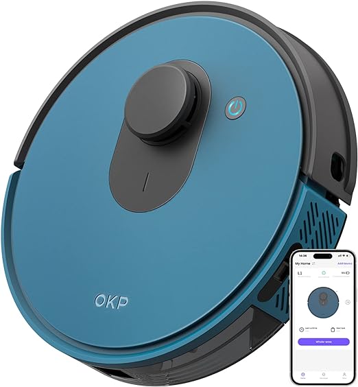 OKP Robot Vacuum Cleaner Lidar Robotic Self Charging Vacuum Robot with Lidar Navigation Strong Suction for Hard Floors, Blue