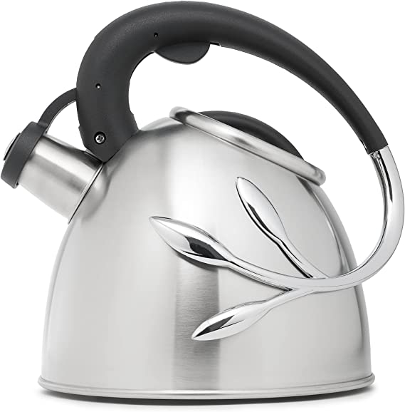 Everyday Solutions Vine Series Whistling Tea Kettle - Brushed Stainless Steel Construction - Ergonomically Designed Handle - Stove Top Kettle and Tea Kettle - 2 Quart Capacity