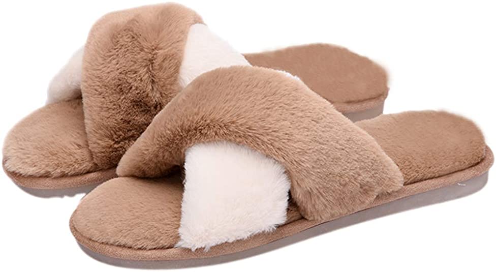 ACEVOG Women's Fuzzy Fluffy Comfy Anti-Slip Cross Band Slippers Open Toe Soft Warm House Slipper Indoor or Outdoor Cozy Plush Sandals Slides