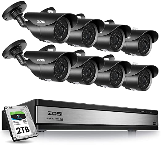 ZOSI 16CH H.265  1080P Surveillance Cameras System 2TB Hard Drive 16CH 1080P Security Video DVR Recorder and 8pcs 1080p Indoor Outdoor CCTV Bullet Cameras System,120ft Night Vision,Easy Remote Access