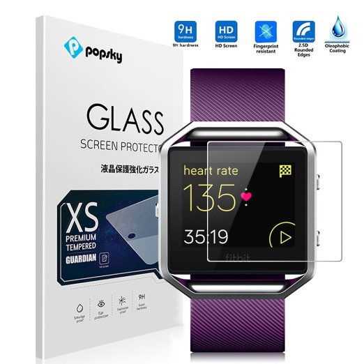 Fitbit Blaze Screen Protector [Tempered Glass] [Anti-scratch], Popsky 0.26MM Ultra Thin 9H Hardness High Definition Scratch Proof Premium Screen Protector Glass for Fitbit Blaze Watch