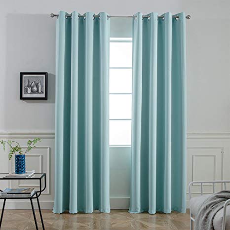 Yakamok Room Darkening Thermal Insulated Blackout Curtains for Living Room,Aqua Color,52 inch Wide by 96 inch Long Each Panel,Bonus 2 Tie Backs Included