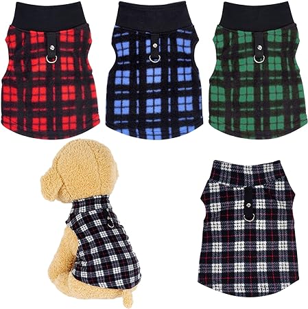 Rbenxia 4 Pieces Buffalo Plaid Dog Sweaters with Leash Ring Soft Fleece Vest Dog Pullover Warm Jacket Pet Dog Clothes Winter Dog Outfits for Small Puppy Cat Pets (Small)