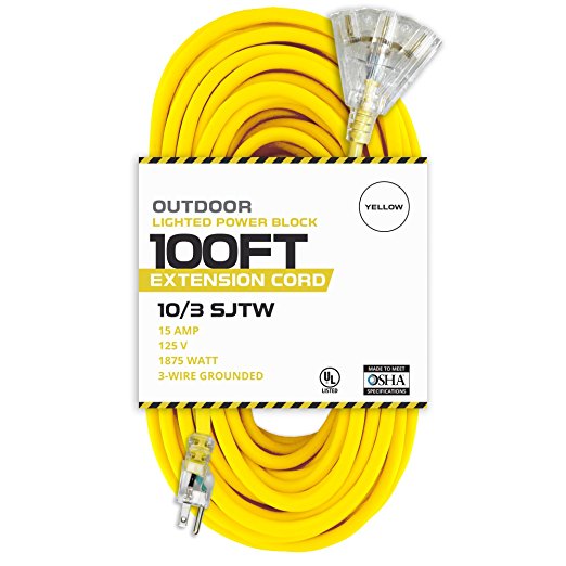 100 Foot Lighted Outdoor Extension Cord with 3 Electrical Power Outlets - 10/3 SJTW Yellow 10 Gauge Extension Cable with 3 Prong Grounded Plug for Safety