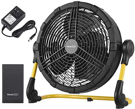 Geek Aire Fan, Battery Operated Floor Fan, Rechargeable Portable Outdoor Fan with Metal Blade, Two Power Options-15000mAh Detachable Battery or AC Adapter, for Indoor & Outdoor Use, Emergencies, 12''