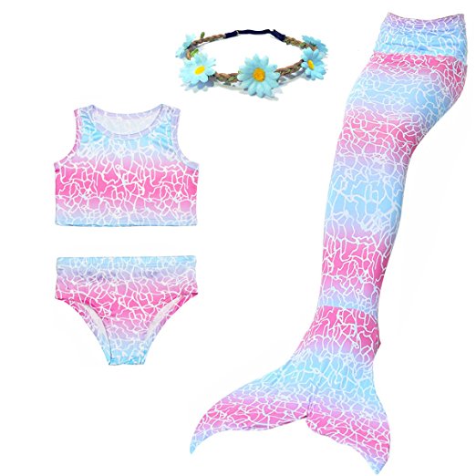 Camlinbo 3PCS Girls' Swimsuit Mermaid Tail For Swimming Tropical Bikini Halloween Christmas Gift Masquerade Pool Party