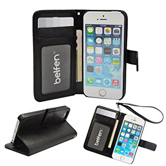 iPhone 5S Case,Belfen®[Premium Pu Leather] iPhone 5S Case Wallet [Stand Feature] with Card Slots /ID Window /Inner Pocket/Wrist Strap - Flip Cover Folio Wallet Case for iPhone 5 / iPhone 5S -Black