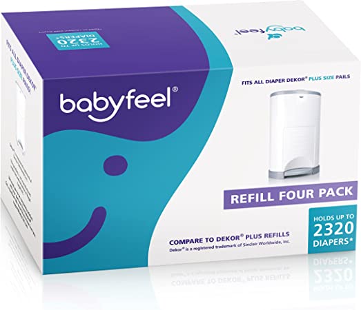Babyfeel - 4 Count Refill - Fits Dekor Plus Diaper Pails - New Powder Scent - Powerful Odor Elimination - Holds up to 2320 Diapers - Extra Long - Strong and Durable