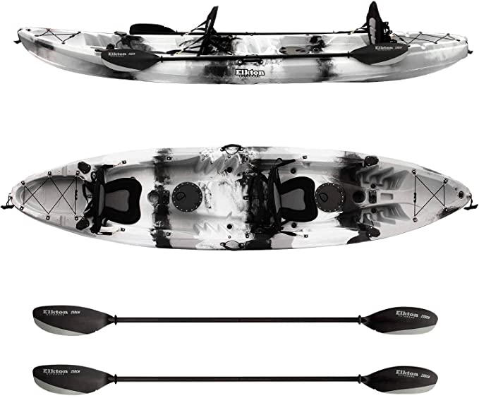 Elkton Outdoors Tandem Fishing Kayak, 12.2 Foot Sit On Top Fishing Kayak with EVA Padded Seats, Includes Aluminum Paddles, Rod Holders and Dry Storage Compartments