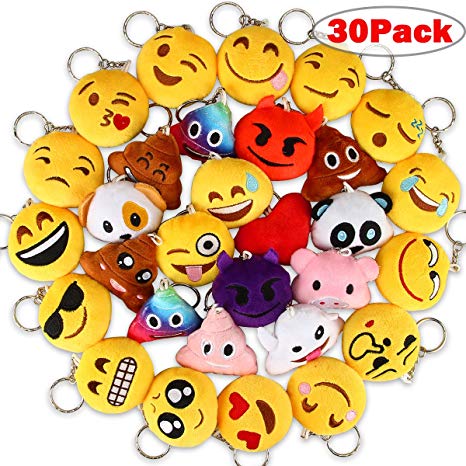 Dreampark Emoji Keychains, Mini Emoji Plush Party Favors for Kids Christmas Birthday Party Supplies, Carnival Prizes for Kids 2" Set of 30