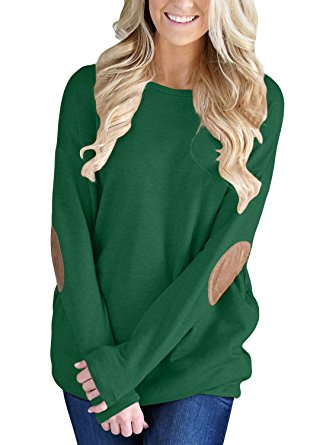 FARYSAYS Women's Casual Loose Long Sleeve Crewneck Elbow Patch Sweatshirt Tunic Tops