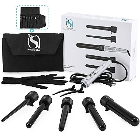Natalie Styx Christmas Gift 5 in 1 Curling Iron Wand Set Silver with Interchangeable Tourmaline Ceramic Head Multiple Barrels curling set and LCD Display,Heat Resistant Glove,Travel Bag Gift for lover