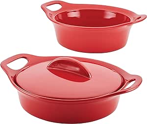 Rachael Ray Solid Glaze Ceramics Casserole Bakers/Baking Dish with Shared Lid Set, 3 Piece, Red